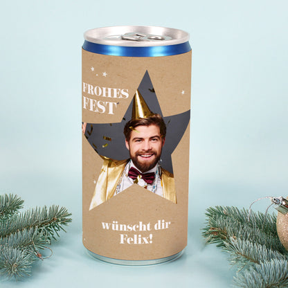 Personalisierte Secco-Dose mit Foto im Stern & Wunschtext | Frohes Fest Geschenk zu Weihnachten
