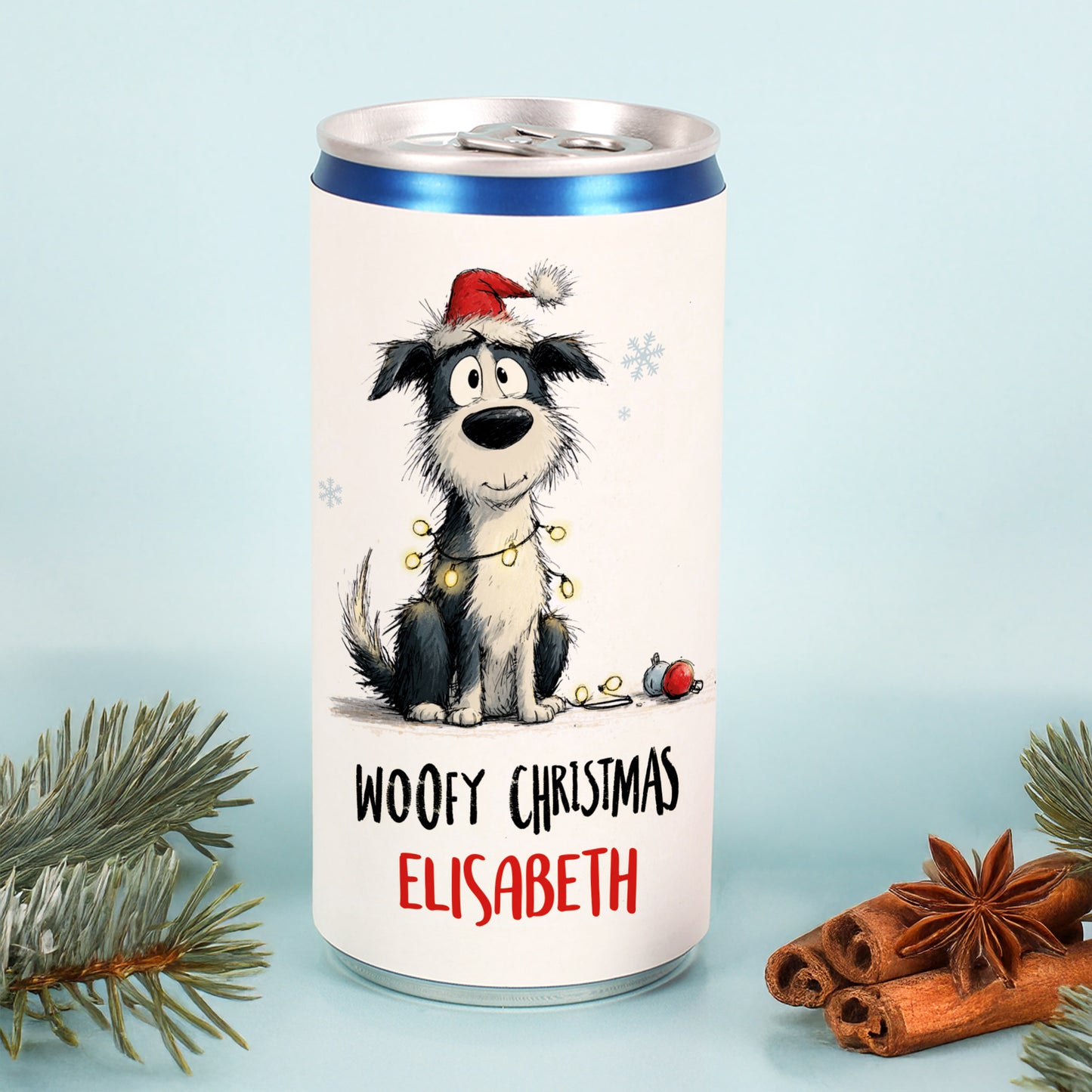 Weihnachts-Prosecco-Dose mit Hundemotiv, Schriftzug Woofy Christmas und Name Elisabeth