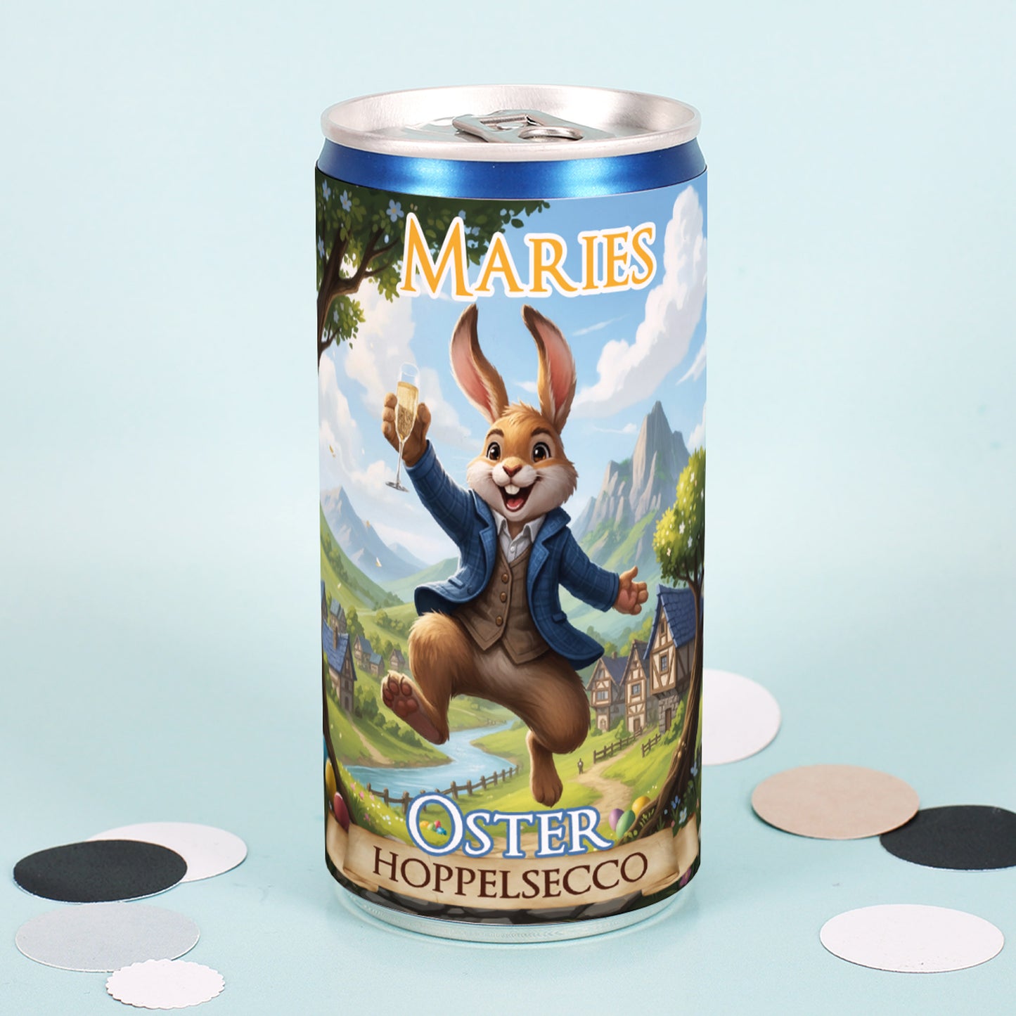 Personalisierter Secco 'Oster Hoppelsecco' mit Name | Oster Secco-Dose mit Hase - Geschenk zu Ostern
