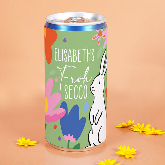 Personalisierter Frohsecco zu Ostern mit Name, Secco Dose mit Hasen- und buntem Blumenmotiv