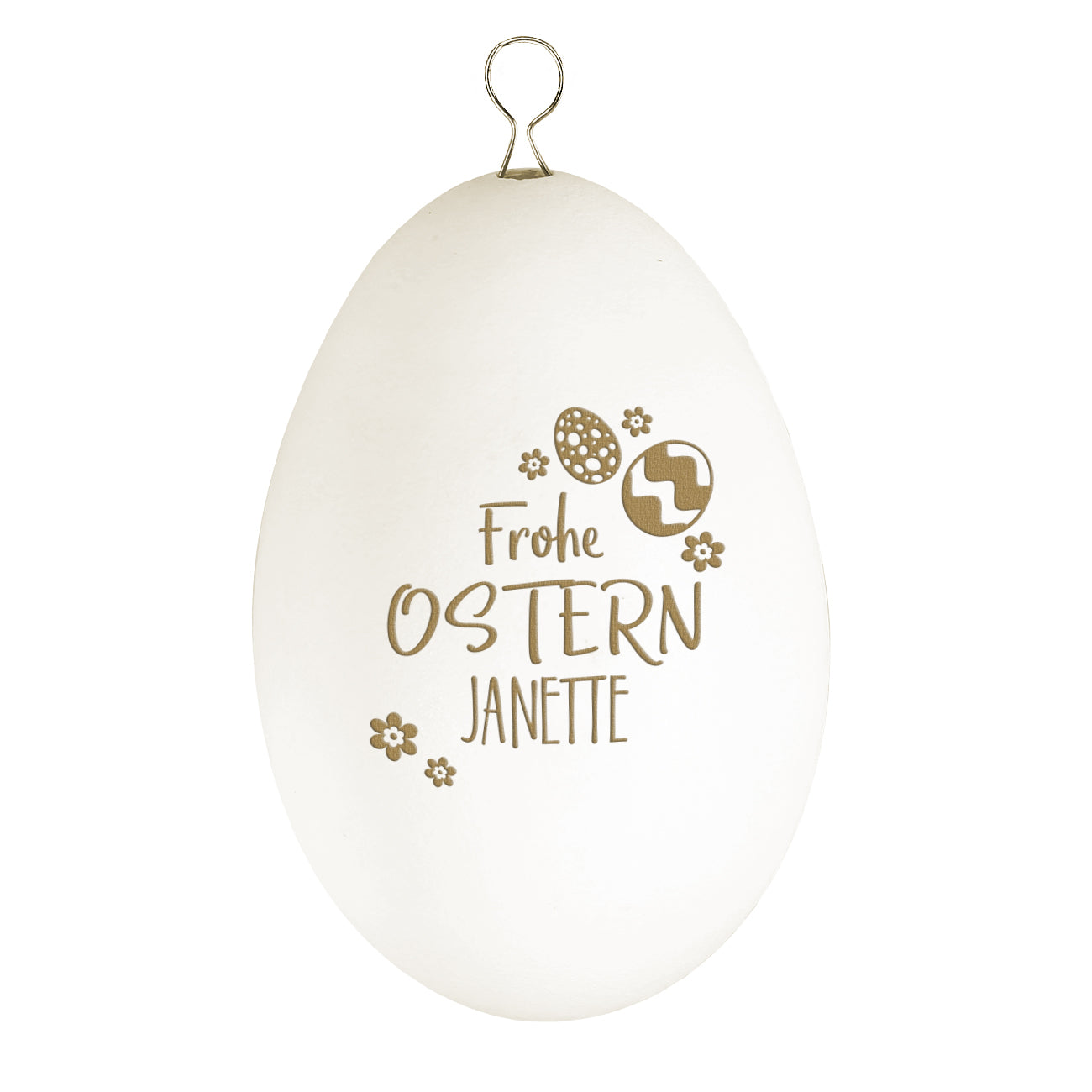 Graviertes Schwanenei "Frohe Ostern" mit Blümchen, Eiern und Name