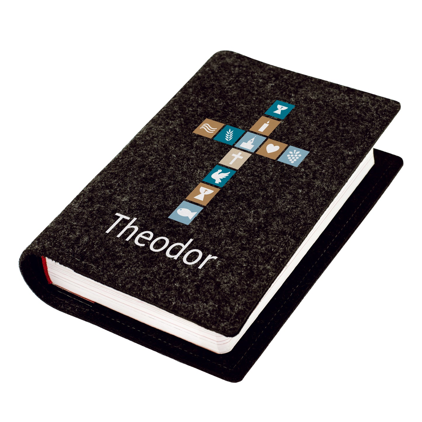 Anthrazitfarbene Gotteslobhülle aus Filz mit Kreuz-Motiv, christlichen Symbolen und personalisiertem Namen