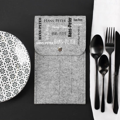 Bestecktasche aus Filz mit Name in verschiedenen Schriftarten bedruckt