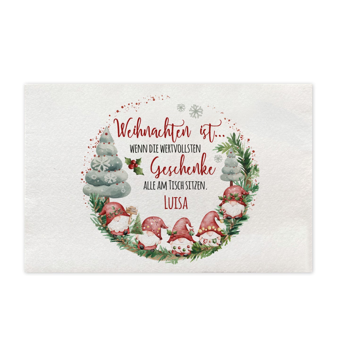 Filz Platzdeckchen Weihnachten mit Motiv aus Wichteln, Tannenbäumen und Spruch „Weihnachten ist, wenn die wertvollsten Geschenke alle am Tisch sitzen“, Personalisierung mit Namen.