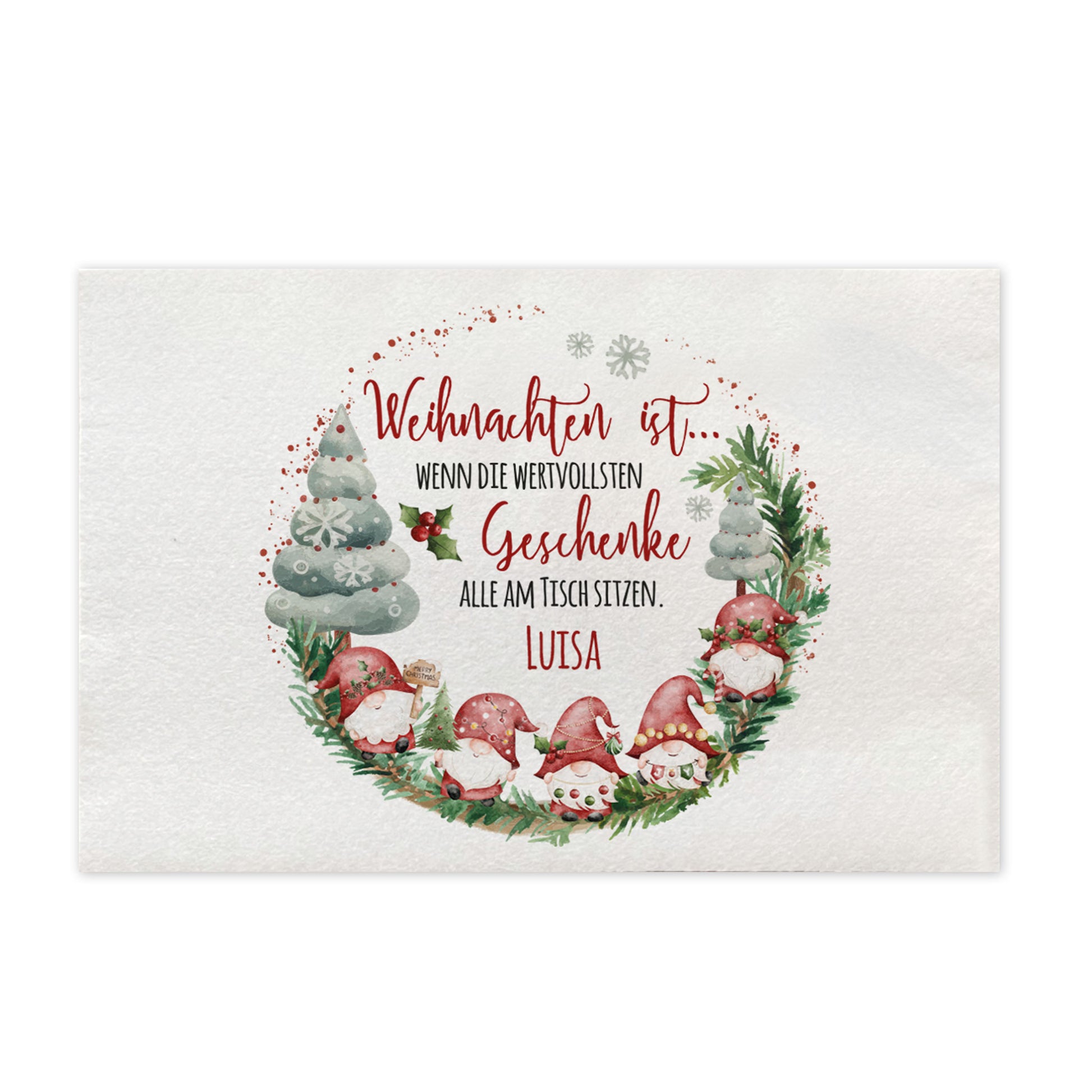 Filz Platzdeckchen Weihnachten mit Motiv aus Wichteln, Tannenbäumen und Spruch „Weihnachten ist, wenn die wertvollsten Geschenke alle am Tisch sitzen“, Personalisierung mit Namen.