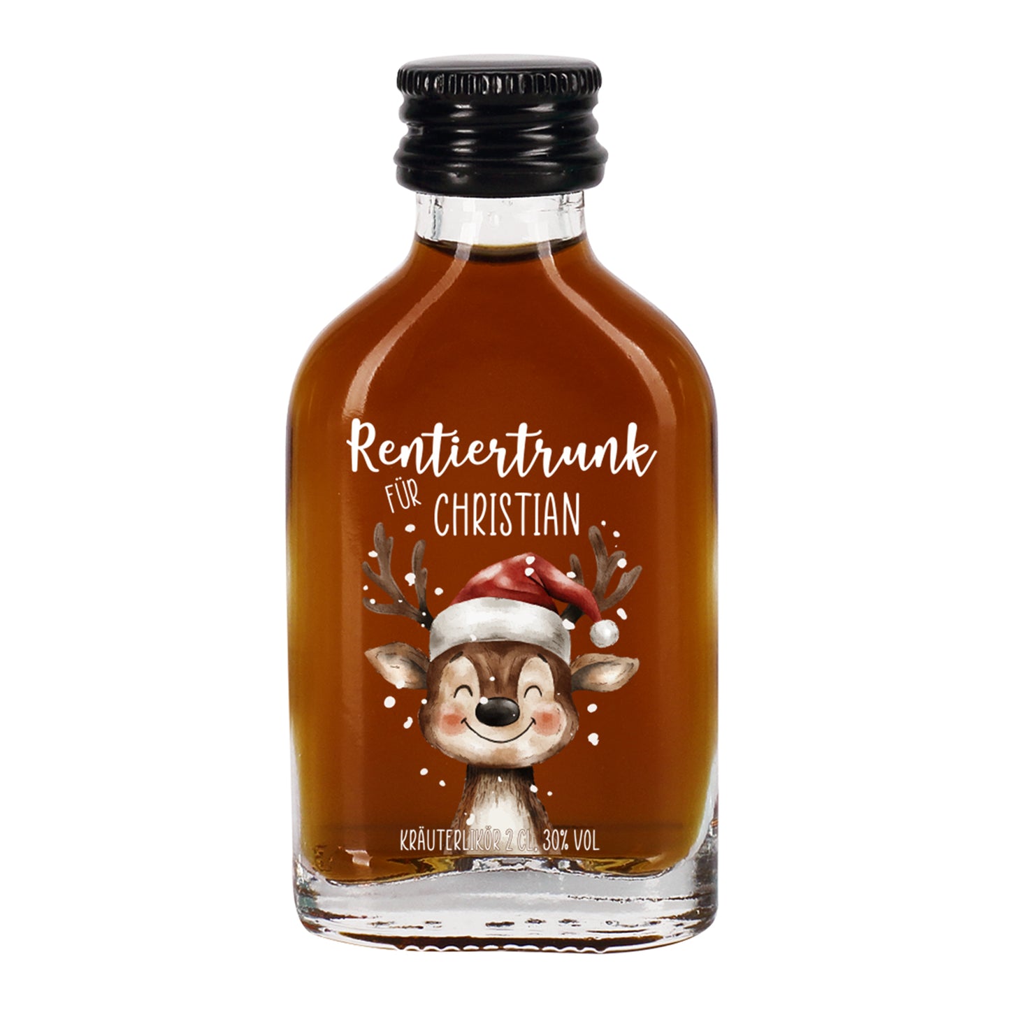 Freigestellte Aufnahme des braunen Kräuterlikörs „Rentiertrunk für Christian“, Rentier mit Weihnachtsmütze und Namensaufdruck, schwarzer Schraubverschluss, weißer Hintergrund.
