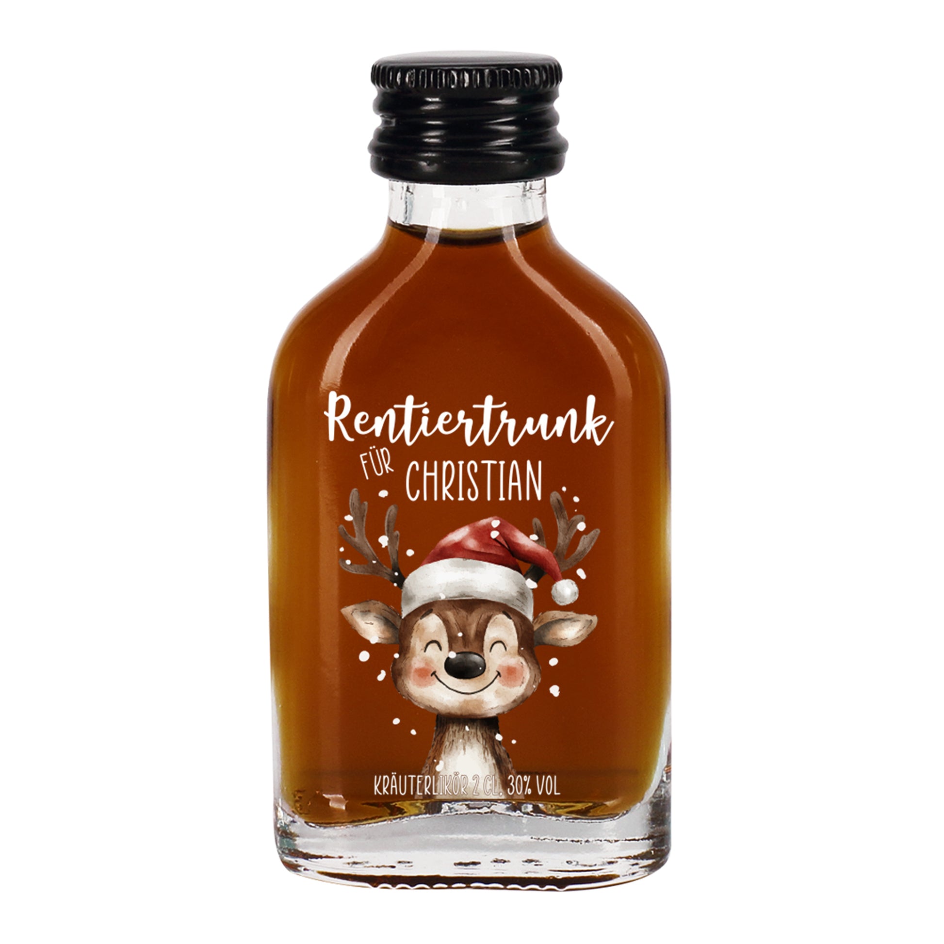 Freigestellte Aufnahme des braunen Kräuterlikörs „Rentiertrunk für Christian“, Rentier mit Weihnachtsmütze und Namensaufdruck, schwarzer Schraubverschluss, weißer Hintergrund.