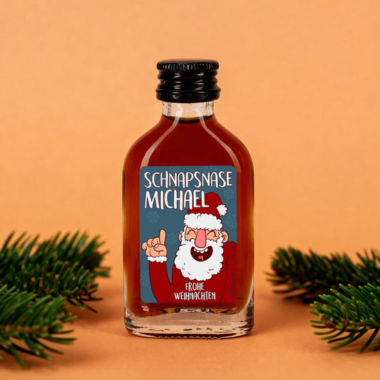 Mini Schnapsflasche mit Name Michael und Schnapsnase Weihnachtsmotiv als Wichtelgeschenk