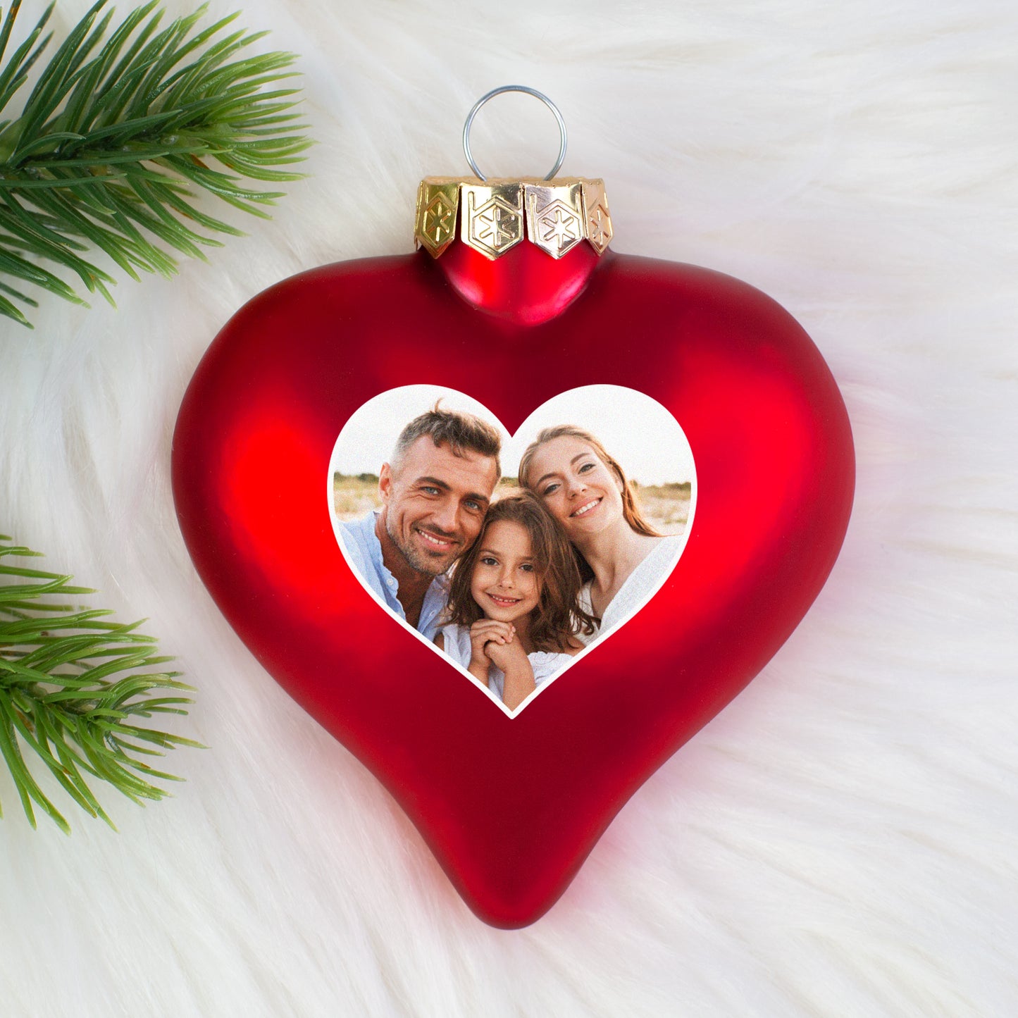 Herzförmige Weihnachtskugel mit Familienfoto – individuelle Christbaumdekoration mit Bild