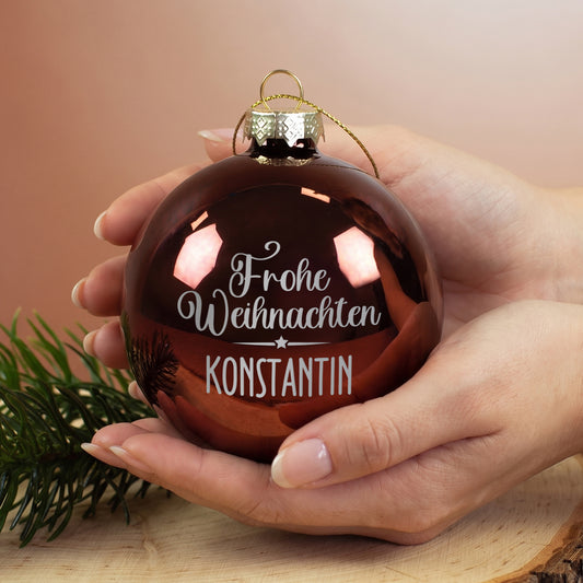 Weihnachtskugel mit Name graviert 'Frohe Weihnachten' | Christbaumkugeln 8 cm in Burgund Rot