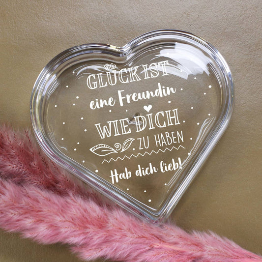 Glück ist... Glasdose in Herzform von Leonardo mit personalisiertem Druck