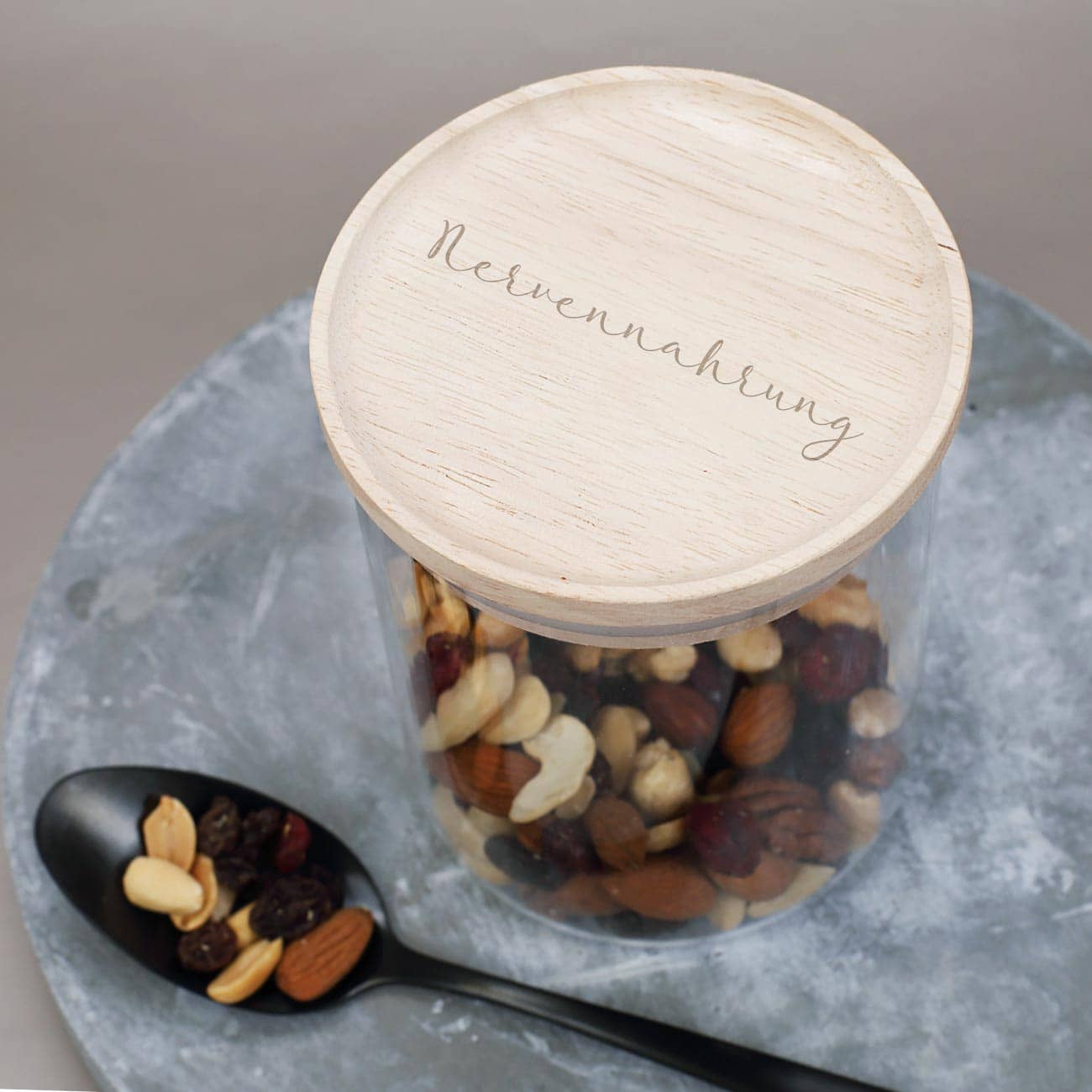 Glasdose mit besonderem Schriftzug nach Wunsch