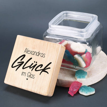 Vorratsglas personalisiert mit Name auf Holzdeckel