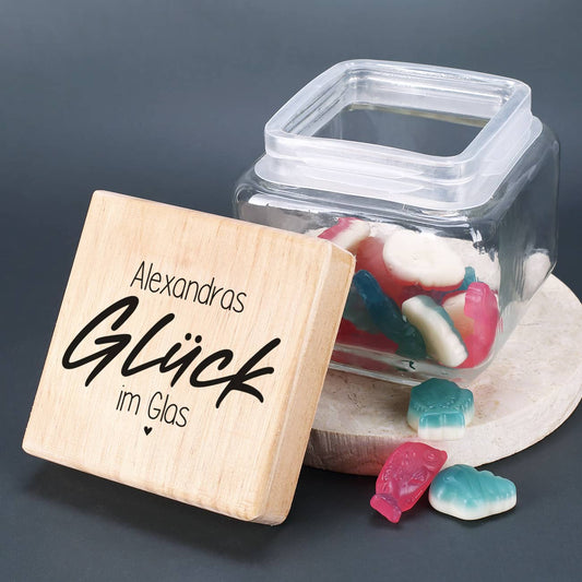 Vorratsglas personalisiert mit Name auf Holzdeckel