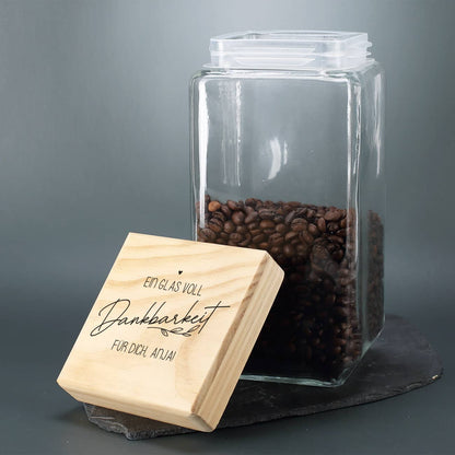 Schlicht bedrucktes Vorratsglas mit Personalisierung als Dank