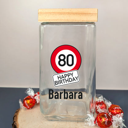 Vorratsglas mit Geburtstagsdesign „80 Happy Birthday“ und Name Barbara