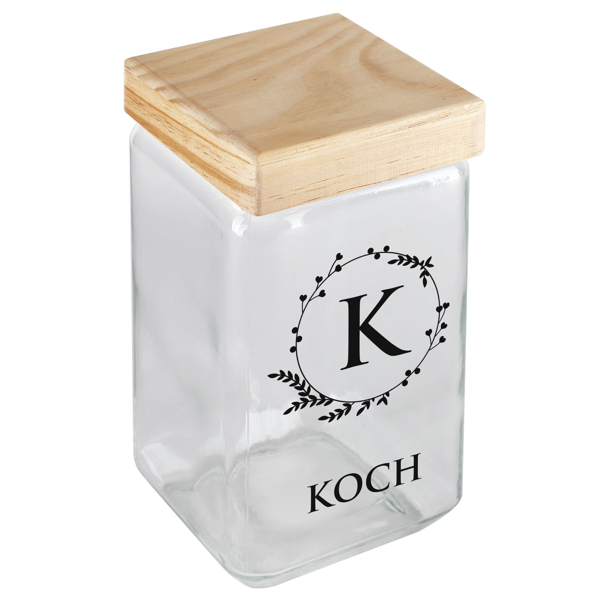 Glasdose mit Initiale „K“ und Schriftzug „KOCH“, leicht schräg von oben