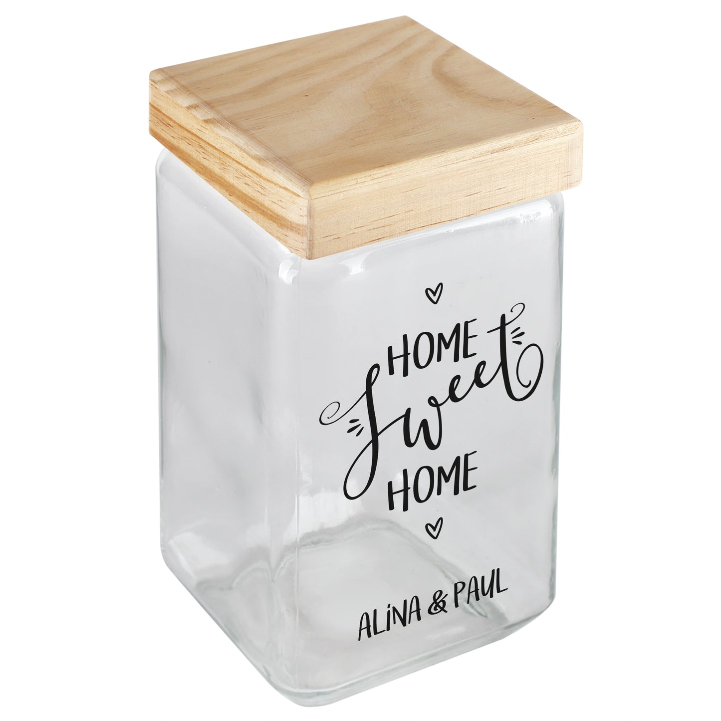 Glasdose mit Bambusdeckel und schwarzer „Home Sweet Home“-Aufschrift mit Namen Alina & Paul