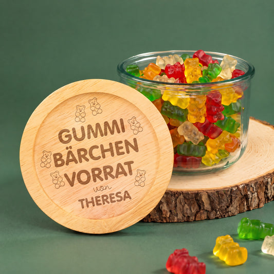 Gummibärchen Vorratsglas 600 ml mit Holzdeckel und persönlicher Namensgravur als Geschenkidee