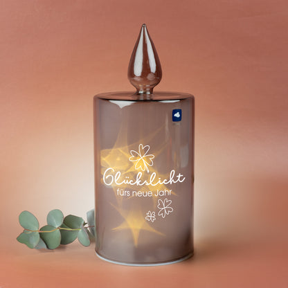 LED-Glaskerze Glückslicht von Leonardo mit Wunschtext und warmem Lichtschein