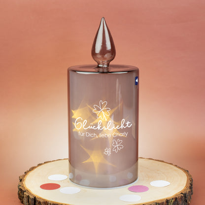 Personalisierbare LED-Glaskerze aus grauem Glas mit Glückslicht-Druck