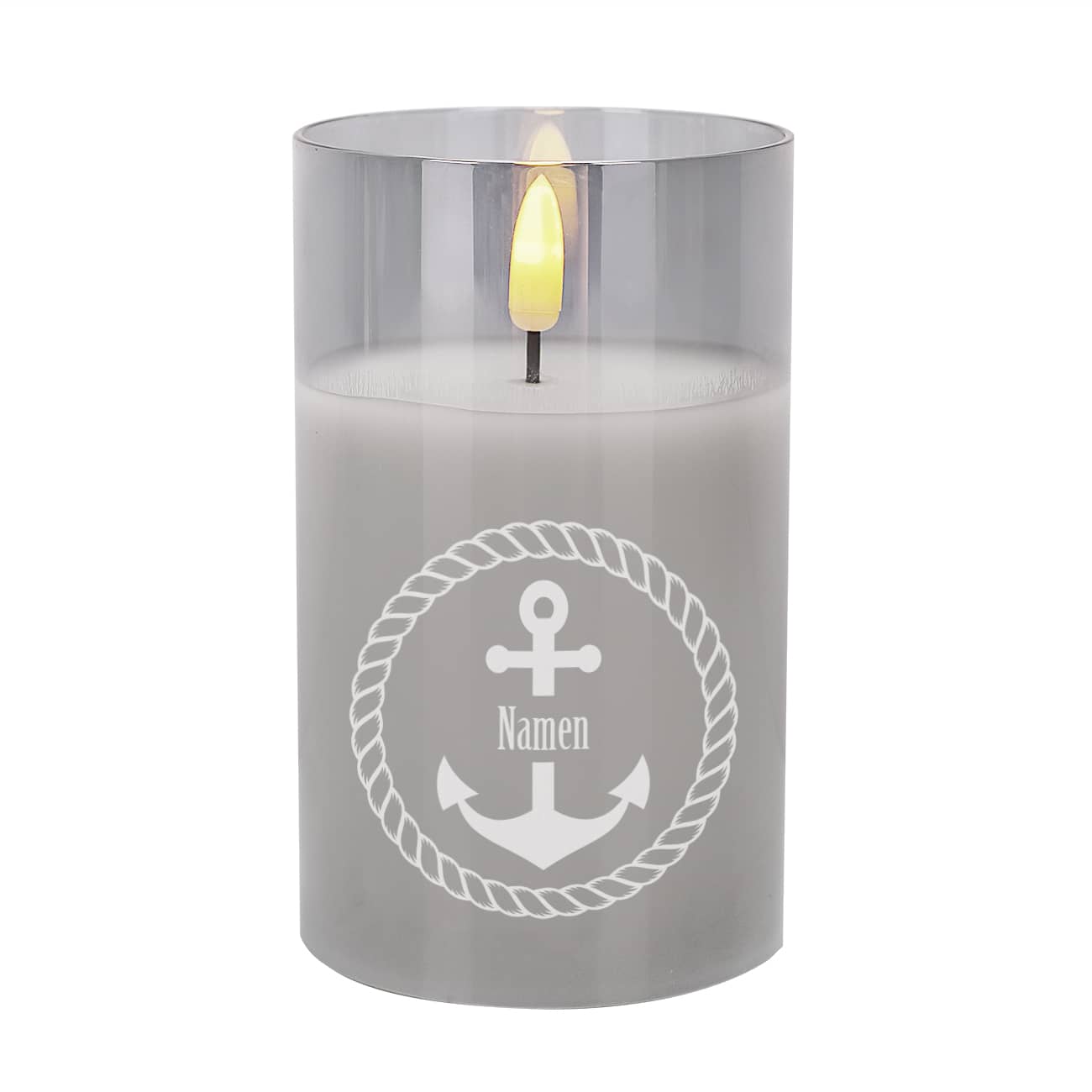 LED Echtwachskerze mit Anker und Wunschnamen graviert