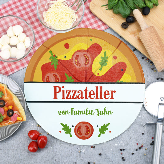 Runder Pizzateller aus Glas mit Wunschtext
