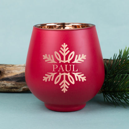 Personalisiertes Windlicht zu Weihnachten graviert mit Wunschtext & Schneeflocke in Rot oder Grün