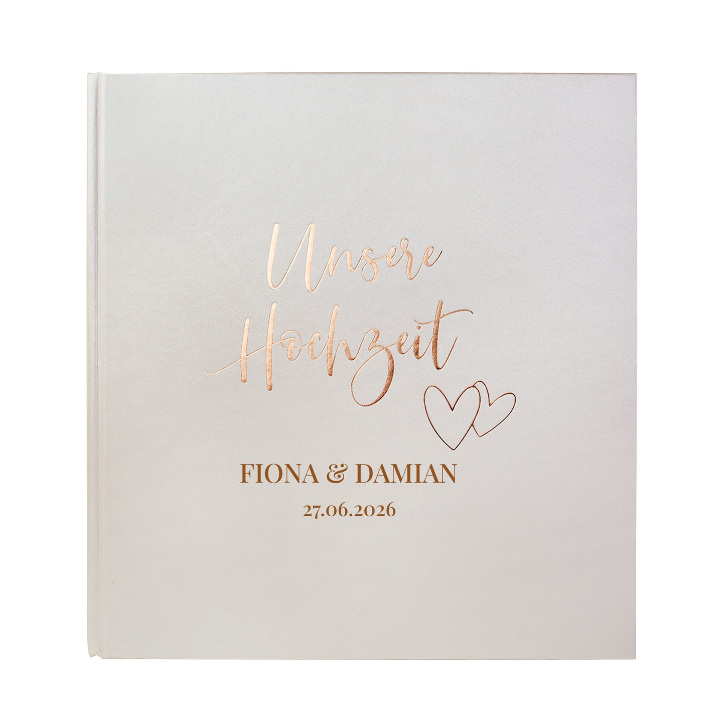 Hochzeit Fotoalbum Unsere Hochzeit in Weiß-Creme, Goldprägung mit Namen und Datum personalisiert auf weißem Hintergrund