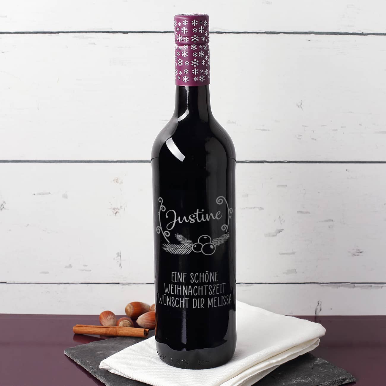 Glühweinflasche mit Gravur mit Name und Text nach Wunsch
