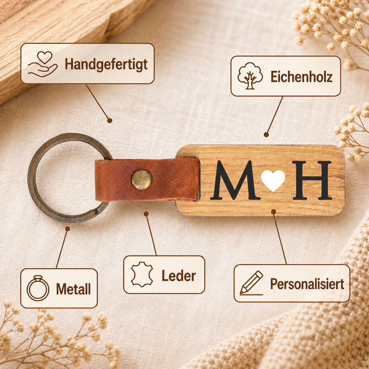 Produktbild mit Materialhinweisen zum handgefertigten Schlüsselanhänger aus Eichenholz mit Leder, Metall und Personalisierung