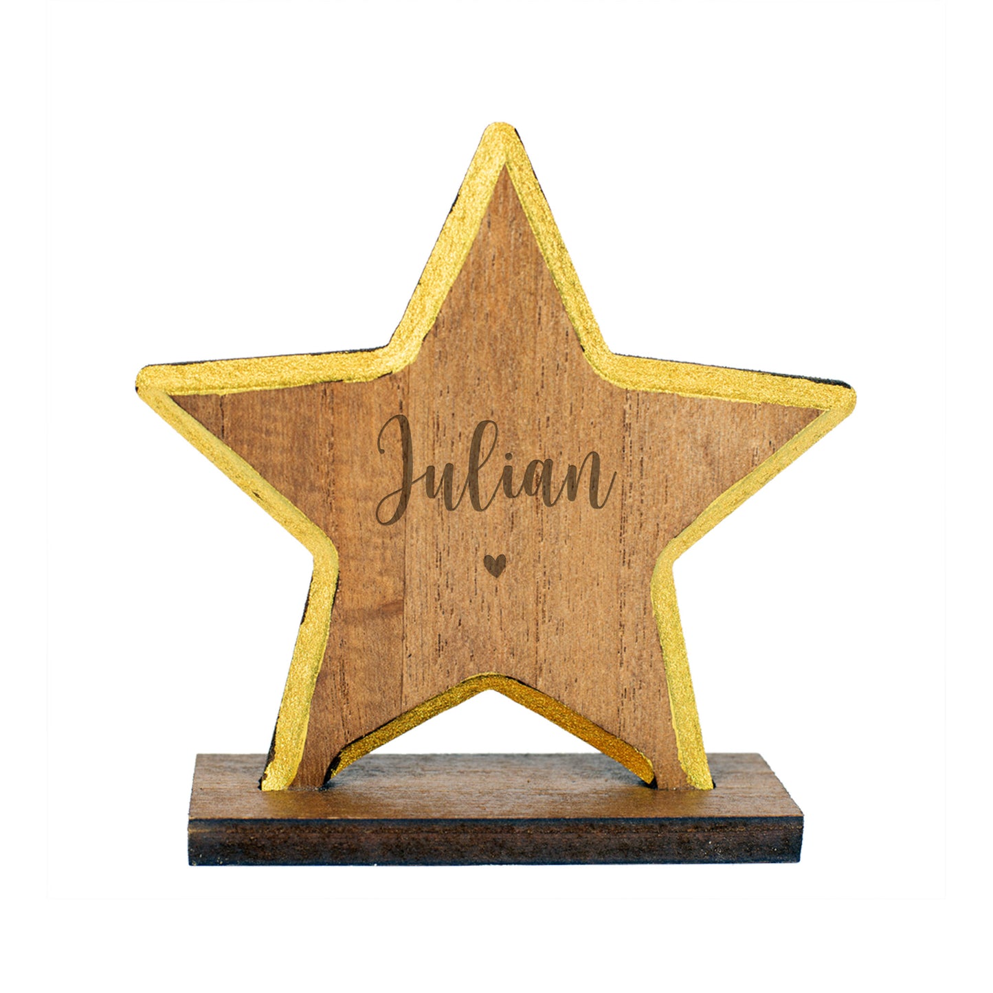 Holzstern mit Gravur „Julian“ und Herzmotiv, goldumrandet, freigestellt auf weißem Hintergrund.