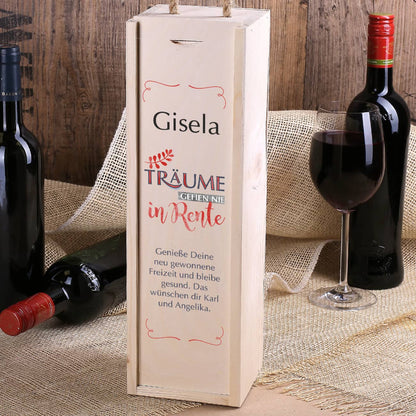 Flaschenverpackung aus Holz mit Renten Motiv, Name und Wunschtext