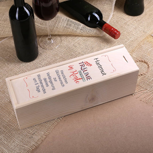 Hölzerne Verpackung für Weinfalsche mit Motiv zur Rente
