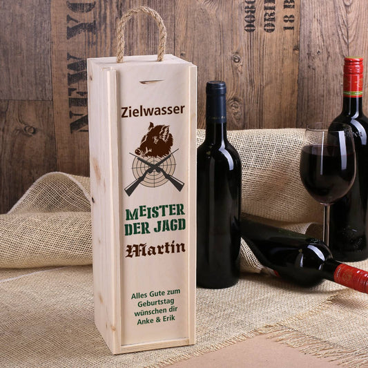 Flaschenverpackung aus Holz für Jäger mit Name
