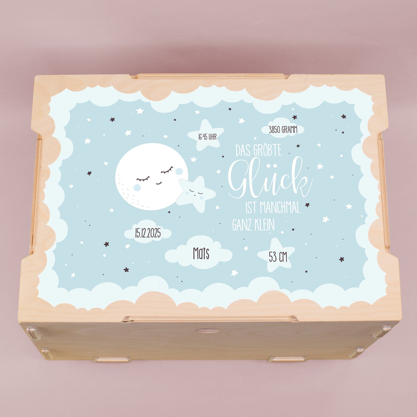 Holzbox Baby Junge mit Name, Geburtsdatum und Geburtsdaten personalisiert