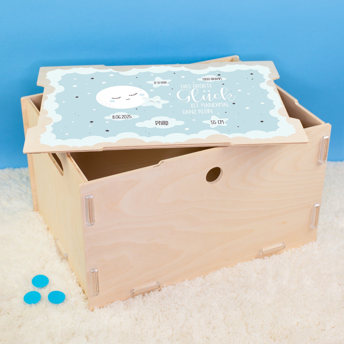 Personalisierte Erinnerungskiste zur Geburt für Jungen mit Mond- und Sternmotiv