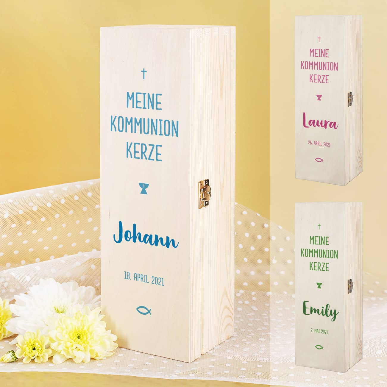 Geschenkbox für Kommunionkerze - mit Name und Datum in drei Farben zur Auswahl