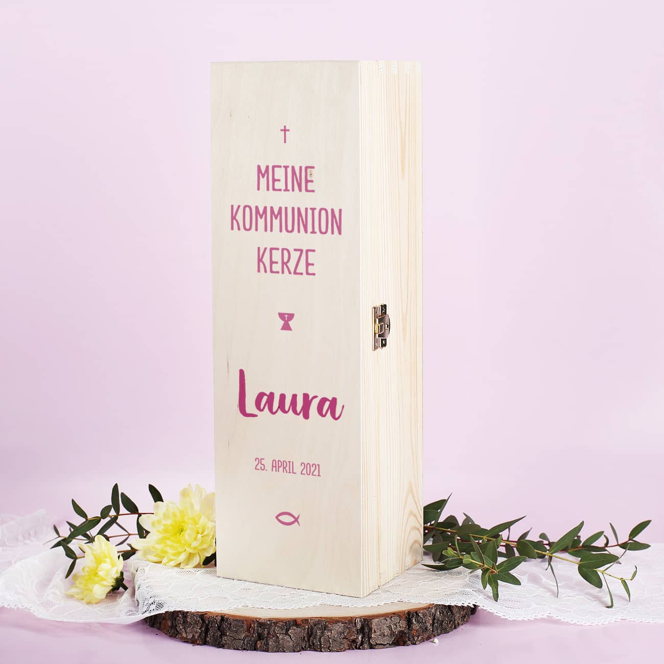 Geschenkbox für Kommunionkerze - mit Name und Datum in rosa