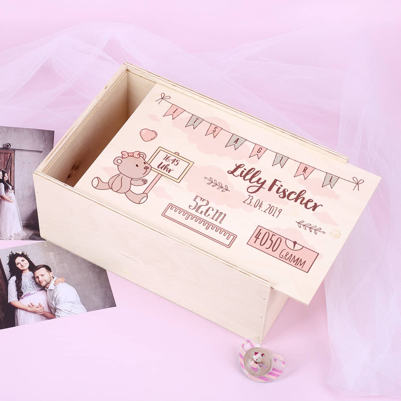 Bedruckte Erinnerungsbox zur Geburt