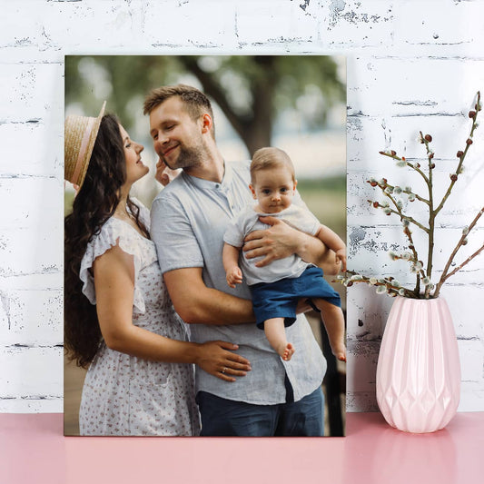 Bedrucktes Holzbrett mit Foto im Hochformat