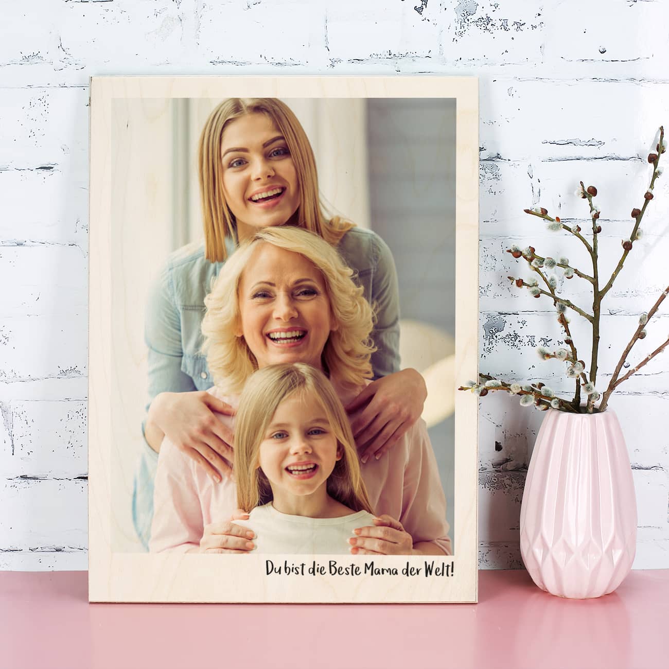 Holzplatte mit Druck von Foto und Text