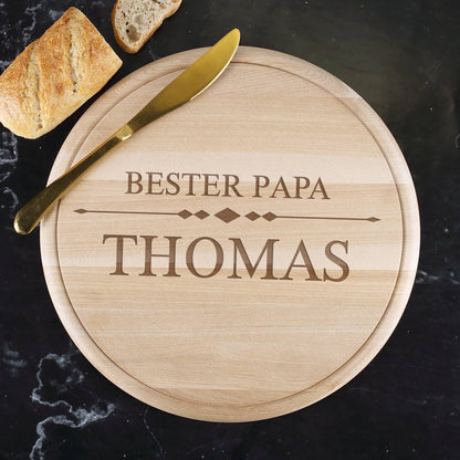 Rundes Schneidebrett mit Name und Text graviert