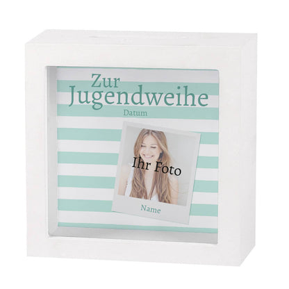 Bilderrahmen-Spardose zur Jugendweihe mit Foto, Name und Datum der Feier