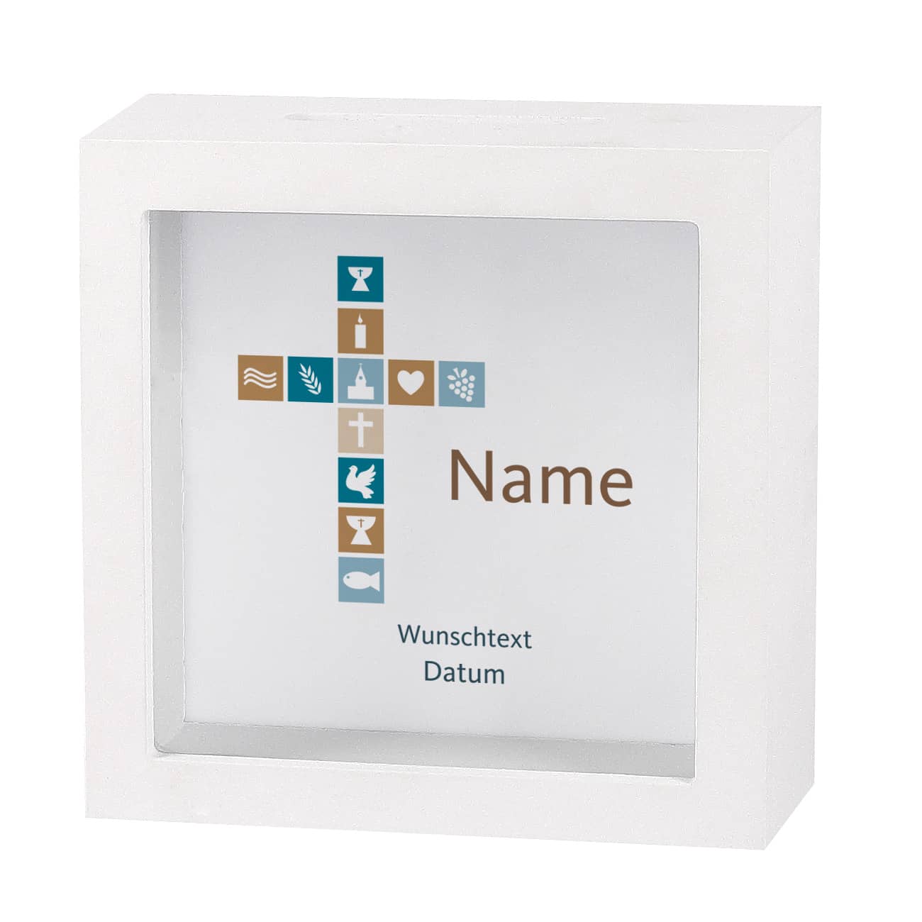 Bilderrahmen Spardose zu religiösem Anlass, mit persönlichem Aufdruck
