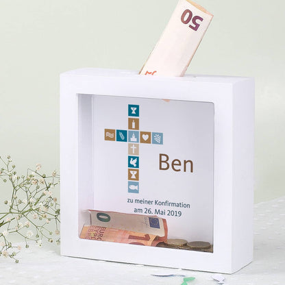 Bilderrahmen Spardose mit persönlichem Aufdruck für Jungen