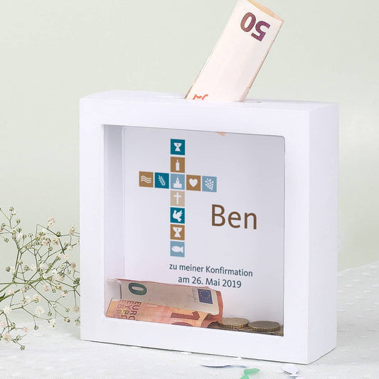 Bilderrahmen Spardose mit persönlichem Aufdruck für Jungen