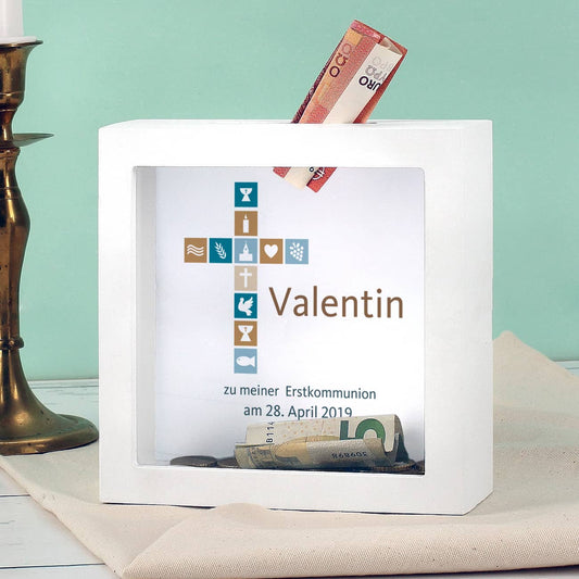 Bilderrahmen Spardose zur Taufe, Kommunion oder Konfirmation für Jungen