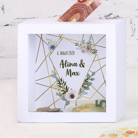 Bilderrahmen Spardose mit Blüten und Wunschtext