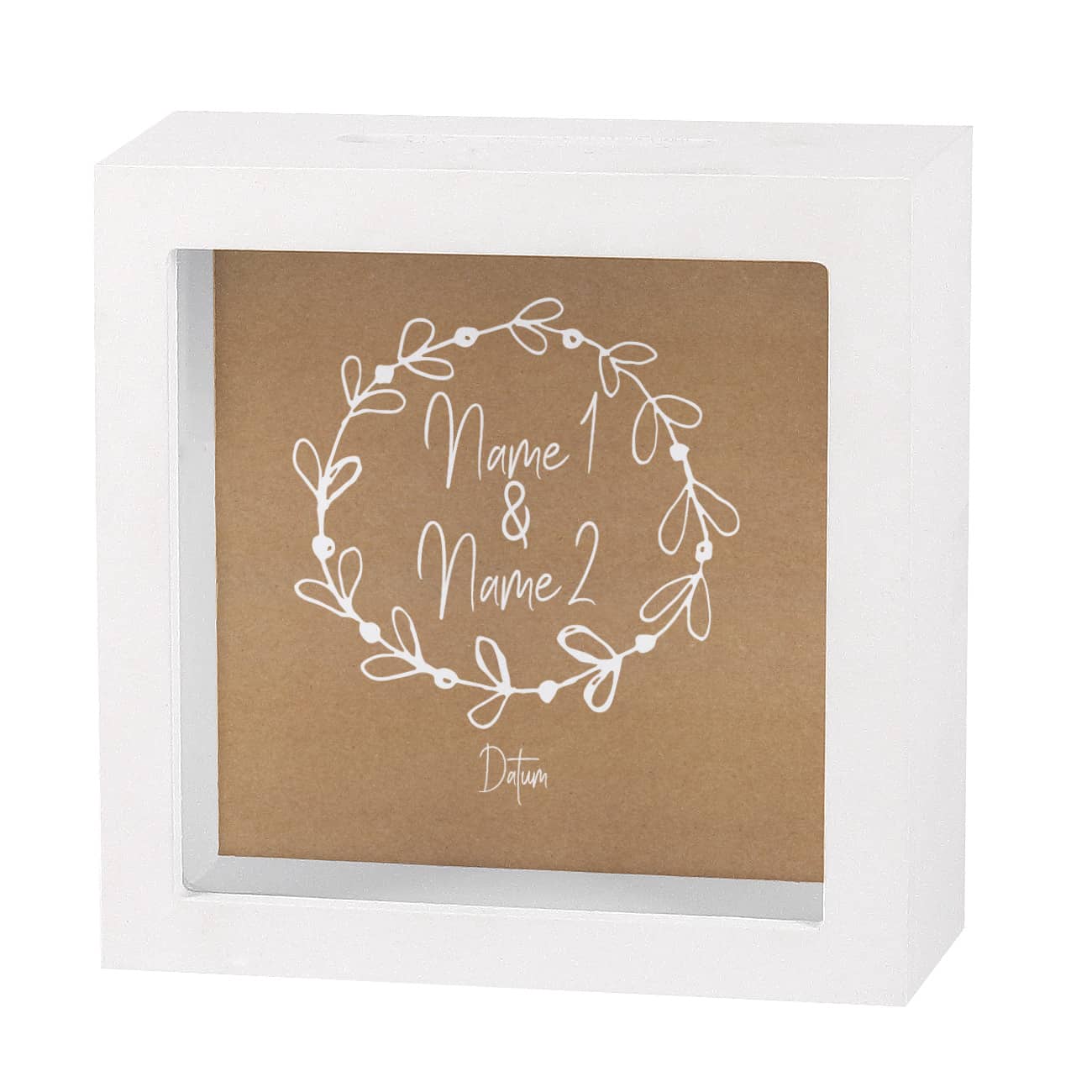 Name und Datum der Verliebten auf Bilderrahmen Spardose